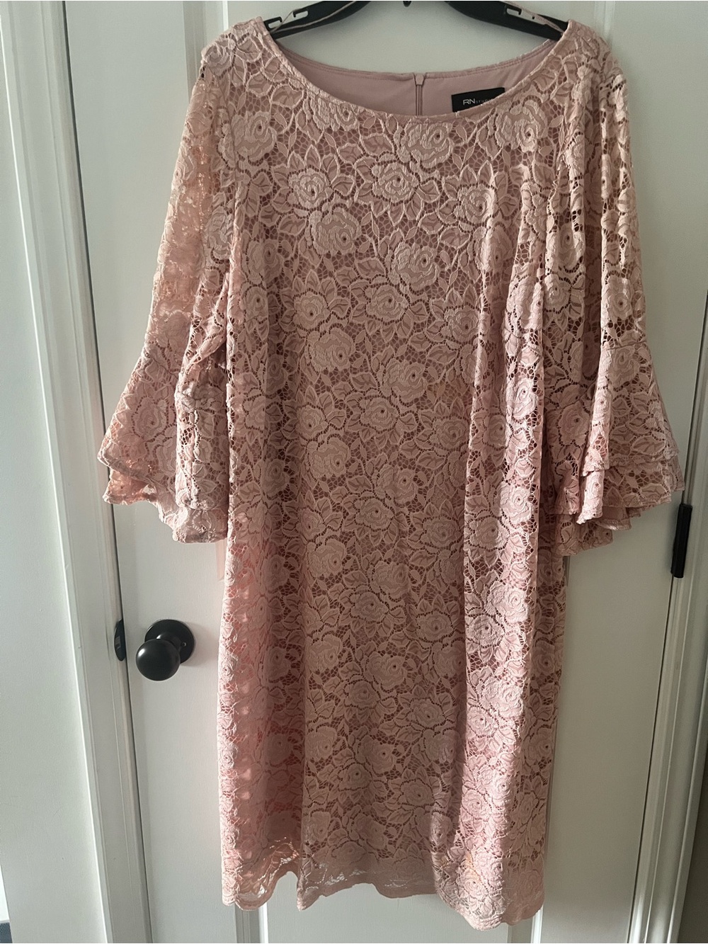 Ronni Nicole Blush Lace Midi Dress with Bell Sleeves